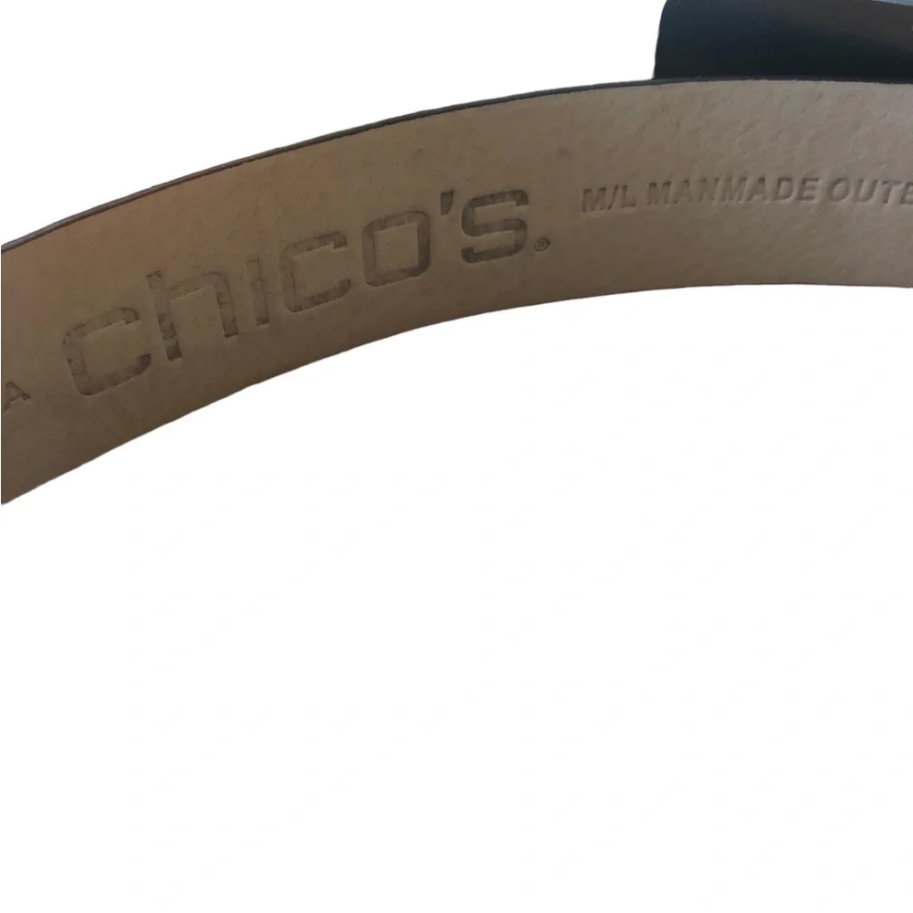 Chico’s Statement Silver Black Metal Buckle Adjustable Black Leather Belt M/L